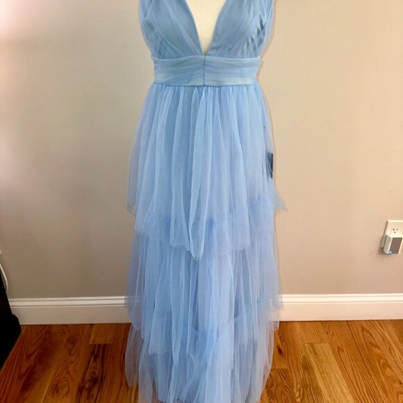 NWT Lulus Charming Glamour Light Blue Tulle Sleeveless Tiered Maxi Dress - Picture 4 of 11